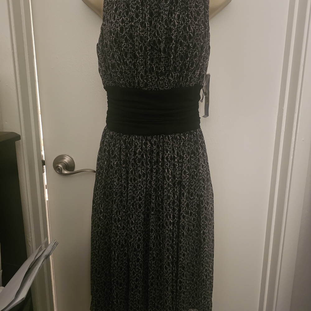 London Times Sleeveless Black and Gray Patterned Midi Dress